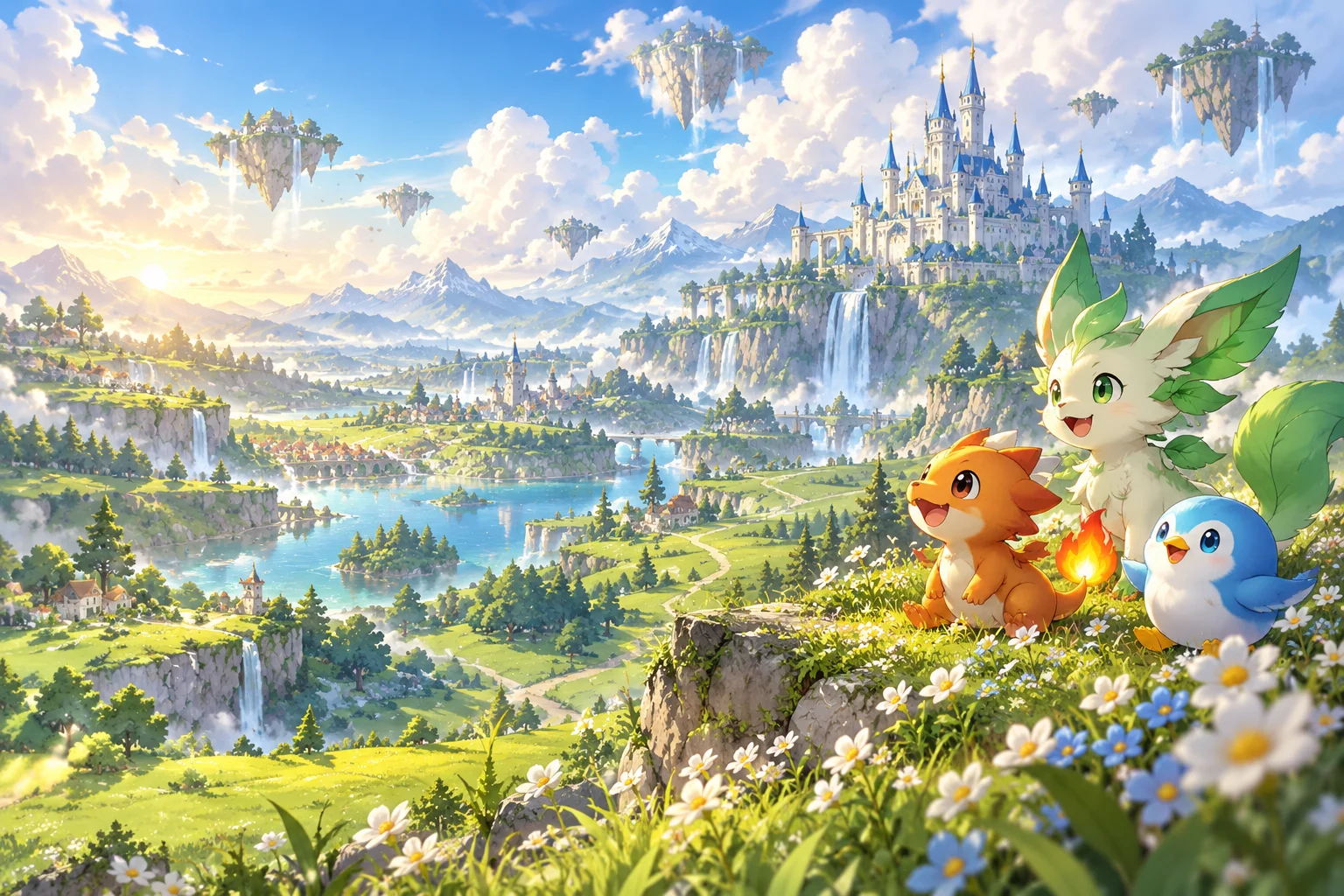 Original fantasy artwork of companions exploring a sunlit kingdom
